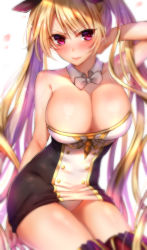 Rule 34 | &gt;:), 1girl, arm behind back, arm behind head, arm up, asymmetrical bangs, azur lane, bare arms, bare legs, bare shoulders, black ribbon, blonde hair, blurry, blush, bow, bowtie, breasts, cleavage, closed mouth, collarbone, detached collar, dress, female focus, hair ribbon, highres, large breasts, legs, lips, long hair, looking at viewer, multicolored clothes, multicolored dress, neck, nelson (azur lane), panties, pantyshot, red eyes, ribbon, shade, short dress, sidelocks, sitting, skindentation, smile, solo, strapless, strapless dress, thighhighs, thighs, tsurime, tube dress, twintails, underwear, very long hair, wavy hair, white bow, white bowtie, white panties, yamatohotaru sakura
