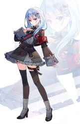 Rule 34 | 1girl, absurdres, alternate costume, armband, black bow, black bowtie, black skirt, black thighhighs, blue eyes, blue hair, boots, bow, bowtie, closed mouth, collared shirt, frilled skirt, frills, full body, grey footwear, grey shirt, highres, long hair, long sleeves, looking at viewer, military lolita, official alternate hairstyle, project sekai, sash, sha (nz2), shirt, skirt, solo, standing, thigh bow, thighhighs, very long hair, white background, yoisaki kanade, zoom layer