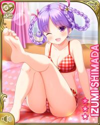 Rule 34 | 1girl, ;d, bed, bedroom, bow, bra, braid, character name, day, girlfriend (kari), indoors, looking at viewer, official art, one eye closed, open mouth, panties, plaid, plaid bra, plaid panties, purple eyes, purple hair, qp:flapper, red bra, red panties, shimada izumi, sitting, smile, solo, underwear