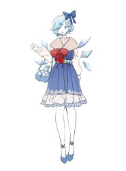 Rule 34 | 1girl, adapted costume, ankle strap, bag, belt, blue eyes, blue hair, bow, cirno, dress, frilled dress, frills, full body, hair bow, handbag, highres, ice, ice wings, jitome, long sleeves, looking to the side, open mouth, short hair, smile, sweater, touhou, triangle mouth, turtleneck, turtleneck sweater, wings, zenritsu