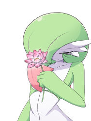 Rule 34 | 1girl, arm at side, bob cut, closed eyes, closed mouth, collarbone, colored skin, creatures (company), female focus, flat chest, flower, game freak, gardevoir, gen 3 pokemon, green hair, green skin, hair over one eye, hand up, highres, holding, holding flower, ikuzonomiki12, lotus, multicolored skin, nintendo, one eye covered, pink flower, pokemon, pokemon (creature), raised eyebrows, sad, short hair, simple background, solo, standing, tears, two-tone skin, u u, upper body, white background, white skin