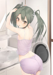 Rule 34 | 10s, 1girl, adjusting hair, ass, bathroom, blush, breasts, brown eyes, camisole, from behind, grey hair, hair ribbon, highres, indoors, kantai collection, long hair, looking at viewer, looking back, mirror, ribbon, shorts, sideboob, sink, small breasts, solo, twintails, tying hair, underwear, underwear only, urigarasu, washing machine, zuikaku (kancolle)
