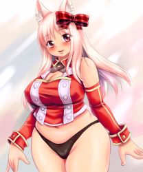 Rule 34 | 1girl, animal ears, bare shoulders, blush, bow, breasts, cat ears, detached sleeves, emil chronicle online, hair bow, hair ribbon, highres, kokumotsu, large breasts, long hair, looking at viewer, navel, panties, pink hair, plump, red eyes, ribbon, smile, solo, thick thighs, thighs, underwear, wide hips