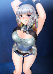 Rule 34 | 1girl, absurdres, armpits, arms up, blue background, blue eyes, blush, braid, breasts, cleavage, cleavage cutout, clenched teeth, clothing cutout, cuffs, embarrassed, female focus, groin, highres, knees together feet apart, large breasts, legs, looking at viewer, miniskirt, restrained, seolla schweizer, short hair, silver hair, simple background, single braid, skirt, solo, standing, super robot wars, super robot wars original generation, teeth, thighs, yadokari genpachirou