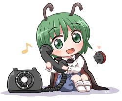 Rule 34 | 1girl, :d, antique phone, blue pants, bug, cape, eighth note, full body, green eyes, green hair, heart, holding, holding phone, insect, knees up, ladybug, long sleeves, looking at viewer, musical note, open mouth, pants, phone, rokugou daisuke, rotary phone, shirt, short hair, simple background, sitting, smile, touhou, white background, white shirt, wriggle nightbug