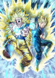 Rule 34 | 2boys, absurdres, angry, aura, bare shoulders, biceps, blonde hair, blue bodysuit, blue footwear, blue sash, blue shirt, bodysuit, boots, clenched teeth, commentary request, dougi, dragon ball, dragonball z, electricity, energy, energy ball, full body, gloves, green eyes, hands up, highres, incoming attack, long hair, looking at viewer, male focus, mocky art, multiple boys, muscular, muscular male, no eyebrows, open mouth, outstretched arm, sash, shirt, short sleeves, sleeveless, sleeveless bodysuit, son goku, spiked hair, super saiyan, super saiyan 2, super saiyan 3, teeth, tongue, v-shaped eyebrows, vegeta, white footwear, white gloves
