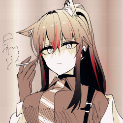 Rule 34 | 1girl, animal ear fluff, animal ears, arknights, breasts, chihuri, cigarette, closed mouth, collared shirt, ear piercing, gloves, hair between eyes, hand up, highres, holding, holding cigarette, jacket, long hair, long sleeves, looking at viewer, medium breasts, monochrome, multicolored hair, off shoulder, open clothes, open jacket, piercing, ponytail, red hair, shirt, smoke, solo, streaked hair, striped, striped background, texas (arknights), vertical stripes