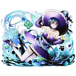 Rule 34 | 1girl, belt, blue bow, blue hair, blue ribbon, bow, breasts, cleavage, closed mouth, collarbone, detached sleeves, divine gate, dress, hair between eyes, hat, high heels, jewelry, large breasts, long sleeves, looking at viewer, mole, mole under eye, nisekoi, purple dress, purple footwear, purple hat, red eyes, ribbon, short hair, smile, thighhighs, tsugumi seishirou, ucmm, white thighhighs, witch, witch hat