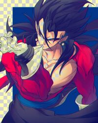 black_hair blue_eyes blue_sash dougi dragon_ball dragon_ball_heroes earrings gloves jewelry long_hair male_focus monkey_boy monkey_tail muscular muscular_male ommmyoh open_mouth pants potara_earrings red_fur saiyan sash spiked_hair super_saiyan super_saiyan_4 tail time_patrol_(dragon_ball) twitter_username vegetto_(xeno)