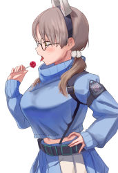 Rule 34 | 1girl, \||/, animal ears, armband, belt, blue archive, blue sleeves, breasts, brown hair, candy, commentary, fake animal ears, food, forehead, glasses, hair ornament, hand on own hip, holding, large breasts, lollipop, long sleeves, looking to the side, low twintails, medium hair, midriff, moe (blue archive), open mouth, parted bangs, saliva, saliva trail, satsukippo0521, shadow, simple background, skirt, solo, suspenders, tongue, tongue out, twintails, upper body, white background, yellow eyes