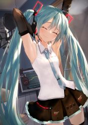 Rule 34 | 1girl, absurdres, ahoge, aqua hair, aqua necktie, armpits, arms up, bare shoulders, black skirt, blush, chamu (chammkue), closed eyes, closed mouth, collared shirt, commentary request, cowboy shot, eyebrows hidden by hair, hair ornament, hatsune miku, hatsune miku (vocaloid4), headphones, highres, long hair, microphone, monitor, necktie, shirt, skirt, smile, solo, standing, stretching, twintails, very long hair, vocaloid, wavy mouth, white shirt