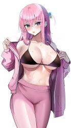 Rule 34 | 1girl, absurdres, bikini, black bikini, blue eyes, blush, bocchi the rock!, breasts, collarbone, commentary, crossed bangs, gotoh hitori, hair ornament, hanasaka houcha, highres, jacket, large breasts, long hair, long sleeves, looking at viewer, navel, open clothes, open jacket, open mouth, pants, pink hair, pink jacket, pink pants, simple background, smile, solo, swimsuit, thighs, underboob, white background