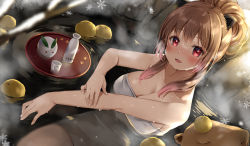 Rule 34 | 1girl, nanashi inc., :d, animal ears, animare, bare arms, bare shoulders, breasts, brown hair, capybara, choko (cup), cleavage, collarbone, commentary request, cup, food, from above, fruit, hair bun, looking at viewer, medium breasts, naked towel, natsume eri, onsen, open mouth, partially submerged, single hair bun, smile, snow rabbit, solo, tokkuri, towel, tray, virtual youtuber, wet, yunohara izumi, yuzu (fruit), yuzu bath