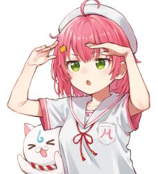 Rule 34 | 35p (sakura miko), ahoge, arms up, beret, blue eyes, blush, cat hair ornament, chestnut mouth, collared shirt, commentary request, hair ornament, hand on own forehead, hat, highres, hololive, looking ahead, medeshima marota, medium hair, neck ribbon, open mouth, pink hair, red ribbon, ribbon, sailor collar, sakura miko, sakura miko (school uniform), shirt, simple background, solo, t-shirt, upper body, virtual youtuber, white background, white hat, white shirt