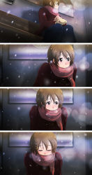 Rule 34 | 1girl, 71, bench, breath, brown hair, coat, comic, closed eyes, hair ornament, hairclip, hirasawa yui, k-on!, mittens, scarf, scarf over mouth, sitting, snow, solo
