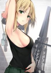 Rule 34 | 1girl, absurdres, arm behind head, armpits, black tank top, blonde hair, breasts, brick wall, commentary request, dog tags, fate (series), from side, green eyes, gun, hazuki gyokuto, highres, looking at viewer, medium breasts, mordred (fate), mordred (fate/apocrypha), nail polish, original, red nails, rifle, sideboob, solo, suppressor, tank top, upper body, v-shaped eyebrows, weapon