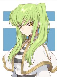 Rule 34 | 1girl, black shirt, breasts, c.c., capelet, closed mouth, code geass, cosplay, creayus, earrings, gold trim, green hair, high collar, jacket, jewelry, long hair, looking at viewer, medium breasts, shirt, solo, sousou no frieren, striped clothes, striped shirt, twintails, white capelet, white jacket, white shirt, yellow eyes