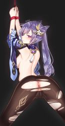Rule 34 | 1girl, anus, armpits, arms up, artist name, ass, back, backboob, bad id, bad pixiv id, bare back, bdsm, black pantyhose, bondage, bound, breasts, cameltoe, cone hair bun, flower, from behind, genshin impact, goyain, hair bun, hair flower, hair ornament, half-closed eyes, highres, keqing (genshin impact), large breasts, looking back, pantyhose, purple eyes, purple hair, restrained, solo, topless, torn clothes, torn pantyhose, transparent background, twintails, uncensored, vision (genshin impact)