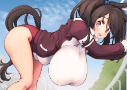 Rule 34 | 1girl, :d, animal ears, bare legs, bent over, blue sky, breasts, brown hair, buruma, cloud, cloudy sky, deto, dripping, eyelashes, feet out of frame, from side, hair bobbles, hair ornament, hanging breasts, highres, hishi akebono (umamusume), horse ears, horse girl, horse tail, huge breasts, jacket, legs, light blush, long hair, long sleeves, looking at viewer, multicolored clothes, multicolored jacket, open clothes, open jacket, open mouth, outdoors, plant, railing, red buruma, red eyes, shirt, sky, smile, sportswear, standing, sweat, nervous sweating, swept bangs, tail, turning head, twintails, umamusume, white shirt