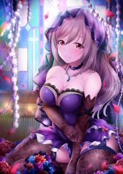 Rule 34 | 10s, 1girl, bad id, bad twitter id, bare shoulders, blush, breasts, bridal veil, bride, candle, choker, collarbone, commentary request, dress, elbow gloves, floral print, flower, garana, garter straps, gloves, hand on own arm, highres, idolmaster, idolmaster cinderella girls, indoors, jewelry, kanzaki ranko, lace, lace-trimmed dress, lace trim, long hair, looking at viewer, medium breasts, necklace, pendant, petals, purple dress, red eyes, rose print, seiza, silver hair, sitting, smile, solo, stained glass, stenciled rose, swept bangs, thighhighs, thighs, veil, wedding dress, window