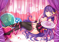 Rule 34 | 1girl, :p, alternate costume, black panties, black thighhighs, blush, breasts, choker, crescent, crescent hair ornament, food, garter straps, grandia bing, hair ornament, hairband, large breasts, long hair, looking at viewer, one eye closed, panties, patchouli knowledge, petals, plate, purple eyes, purple hair, ribbon, solo, spoon, thighhighs, tongue, tongue out, touhou, underwear, wink
