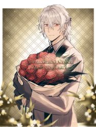 Rule 34 | 1boy, anniversary, antonio salieri (fate), black gloves, black necktie, blurry, blurry background, blurry foreground, bouquet, braid, closed mouth, collared shirt, copyright name, fate/grand order, fate (series), flower, gloves, green background, grey hair, grey jacket, hair between eyes, half updo, highres, holding, holding bouquet, itokon300, jacket, looking at viewer, male focus, medium hair, necktie, official alternate costume, outside border, patterned background, plant, red eyes, red flower, red rose, rose, shirt, solo, stole, striped clothes, striped jacket, suit jacket, upper body, white shirt