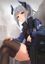 Rule 34 | 1girl, absurdres, arknights, ballistic shield, black shirt, black skirt, black thighhighs, blue jacket, brown eyes, brown thighhighs, commentary, crossed legs, dazzler (weapon), electroshock weapon, english commentary, expressionless, female focus, flash shield, flashlight, grey hair, highres, horns, jacket, kurisu-kun, less-than-lethal weapon, liskarm (arknights), long hair, long sleeves, looking at viewer, miniskirt, open clothes, open jacket, ponytail, revision, riot shield, shield, shirt, sitting, skindentation, skirt, solo, stun shield, thighhighs, undershirt, zettai ryouiki