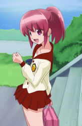 Rule 34 | 10s, 1girl, :d, aino megumi, bag, happinesscharge precure!, haruyama kazunori, looking at viewer, open mouth, pink hair, ponytail, precure, red skirt, school uniform, short hair, skirt, smile, solo, stairs
