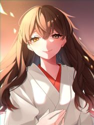 Rule 34 | 1girl, akagi (kancolle), brown eyes, brown hair, hair between eyes, hand on own chest, highres, japanese clothes, kantai collection, kimono, kozu (bloomme1 me), long hair, looking at viewer, simple background, smile, solo, upper body, white kimono