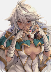 Rule 34 | bandaged arm, bandages, blue eyes, blush, breasts, breasts apart, cape, commentary request, cosmos (granblue fantasy), dark-skinned female, dark skin, dress, embarrassed, granblue fantasy, green cape, grey cape, grey dress, grey hair, hair between eyes, heart, heart hands, heterochromia, highres, large breasts, long hair, looking at viewer, open mouth, red eyes, simple background, sleeveless, sleeveless dress, yude