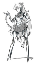 Rule 34 | 1990s (style), 1girl, android, bishoujo senshi sailor moon, bow, chain, hair bow, high heels, highres, joints, long hair, mechanization, monochrome, no feet, psuede, robot joints, sailor venus, skirt, solo, stiletto heels, tiara