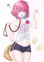 Rule 34 | 1girl, ahoge, black shorts, blue hair, breasts, collar, collarbone, commentary, heart, heart-shaped pupils, highres, holding, idolmaster, idolmaster cinderella girls, leash, looking at viewer, multicolored hair, nail polish, navel, paw print, paw print background, pink eyes, pink hair, pink nails, shirt, short hair, short shorts, short sleeves, shorts, simple background, single bare shoulder, skeleton print, solo, striped clothes, striped shorts, symbol-shaped pupils, tail, thighs, two-tone hair, vertical-striped clothes, vertical-striped shorts, white shirt, yumemi riamu, zakcura