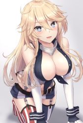 Rule 34 | 1girl, asymmetrical legwear, bare shoulders, blonde hair, blue eyes, blush, breasts, cleavage, elbow gloves, garter straps, gloves, gradient background, highres, iowa (kancolle), kantai collection, kneeling, large breasts, long hair, looking at viewer, messy hair, mismatched legwear, monoku, open mouth, simple background, solo, star-shaped pupils, star (symbol), striped clothes, striped thighhighs, symbol-shaped pupils, thighhighs, two-tone legwear, vertical-striped clothes, vertical-striped thighhighs