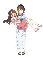 Rule 34 | &gt; &lt;, 2girls, ap bar, bare shoulders, black footwear, blue kimono, blue ribbon, blush, bow, braid, breasts, brown hair, carrying, floral print, full body, green eyes, hair bow, hair ribbon, hands on own face, hands up, happy, highres, idolmaster, idolmaster cinderella girls, idolmaster cinderella girls starlight stage, japanese clothes, jitome, kimono, long hair, looking at another, medium breasts, messy hair, motion lines, multiple girls, obi, one side up, open mouth, pink footwear, pink shirt, princess carry, print kimono, red skirt, ribbon, sandals, sash, shibuya rin, shimamura uzuki, shirt, simple background, single braid, skirt, smile, sparkle, standing, white background, zouri
