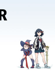 Rule 34 | 2girls, belt, black hair, blue eyes, closed mouth, company connection, crossover, dress, female focus, hair between eyes, hat, highres, holding, holding wand, holding weapon, kagari atsuko, kill la kill, little witch academia, looking at viewer, matoi ryuuko, midriff, multicolored hair, multiple girls, neck, official art, red hair, skirt, standing, tomboy, trigger (company), two-tone hair, wand, weapon, witch