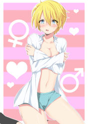 Rule 34 | 1girl, blonde hair, blue eyes, blush, boxers, breasts squeezed together, breasts, cleavage, covering privates, crossdressing, female focus, heart, kneeling, kochi, male underwear, mars symbol, navel, open clothes, open mouth, open shirt, original, shirt, short hair, sitting, socks, solo, sweatdrop, underwear, venus symbol