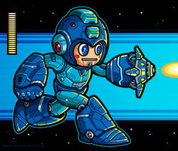 Rule 34 | 1boy, android, arm cannon, blue eyes, blush stickers, capcom, fake screenshot, firing, gameplay mechanics, health bar, helmet, joints, male focus, redesign, robot, robot joints, mega man (series), mega man (character), mega man (classic), running, science fiction, solo, star (symbol), starry background, watermark, weapon, winterartwork