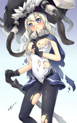 Rule 34 | 10s, 1girl, abyssal ship, blue eyes, bodysuit, breasts, cape, highres, kantai collection, pantyhose, shuffle (songdatiankong), silver hair, small breasts, solo, staff, torn clothes, torn pantyhose, wo-class aircraft carrier