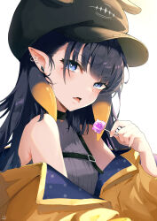Rule 34 | 1girl, absurdres, bare shoulders, black hair, blue eyes, blush, candy, ear piercing, earrings, food, hat, highres, hololive, hololive english, jacket, jewelry, lollipop, long hair, lucferz, mole, mole under eye, ninomae ina&#039;nis, off shoulder, open mouth, piercing, pointy ears, simple background, solo, tentacles, tongue, tongue out, virtual youtuber, white background