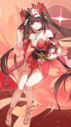 1girl absurdres bare_shoulders bell black_choker black_gloves black_hair black_sash breasts choker flower_tattoo fox_mask gloves highres honkai:_star_rail honkai_(series) invisible_chair japanese_clothes jingle_bell kimono long_hair looking_at_viewer mask mask_on_head neck_bell obi ooo_wange parted_lips pink_eyes red_footwear red_kimono sandals sash short_kimono shoulder_tattoo single_glove sitting small_breasts smile solo sparkle_(doll)_(honkai:_star_rail) sparkle_(honkai:_star_rail) tattoo twintails very_long_hair