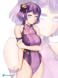 Rule 34 | 1girl, alternate costume, bernadetta von varley, breasts, closed mouth, commentary, competition swimsuit, covered navel, earrings, english commentary, etchimune, fire emblem, fire emblem: three houses, grey eyes, hair ornament, highleg, highleg swimsuit, jewelry, looking at viewer, medium breasts, nintendo, one-piece swimsuit, purple hair, purple one-piece swimsuit, short hair, smile, solo, swimsuit, twitter logo, twitter username