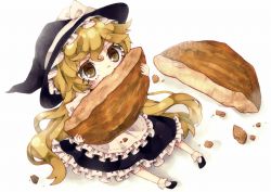 Rule 34 | 1girl, apron, bad id, bad pixiv id, blonde hair, bobby socks, chibi, cookie, dress, eating, fang, female focus, food, from above, full body, hat, hat ribbon, holding, kirisame marisa, kyouda suzuka, lace, long hair, mini person, minigirl, ribbon, shoes, sitting, socks, solo, touhou, waist apron, white background, white socks, witch, witch hat, yellow eyes