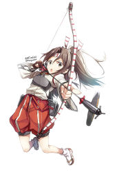Rule 34 | &gt;:o, 10s, 1girl, :o, aircraft, airplane, archery, arrow (projectile), artist name, bow (weapon), drawing bow, gloves, hachimaki, headband, holding, holding bow (weapon), holding weapon, kantai collection, kyuudou, muneate, partially fingerless gloves, partly fingerless gloves, ponytail, simple background, solo, tabi, tomozo kaoru, twitter username, v-shaped eyebrows, weapon, white background, yugake, zuihou (kancolle)