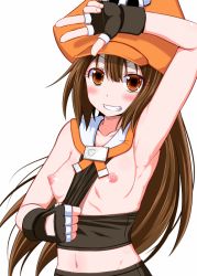 Rule 34 | 1girl, arm up, armpits, between breasts, blush, breasts, brown eyes, brown hair, clothes between breasts, fang, grin, guilty gear, hat, long hair, may (guilty gear), midriff, navel, nipples, no bra, orange hat, perky breasts, pirate hat, poncocchan, skull and crossbones, small breasts, smile, solo, v