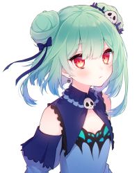 Rule 34 | 1girl, absurdres, blue bow, blue dress, blue sleeves, blush, bow, breasts, chiyomaru (yumichiyo0606), closed mouth, detached sleeves, double bun, dress, earrings, green hair, hair bow, hair bun, hair ornament, highres, hololive, jewelry, looking at viewer, puffy sleeves, red eyes, simple background, skull earrings, skull hair ornament, sleeveless, sleeveless dress, small breasts, solo, upper body, uruha rushia, uruha rushia (1st costume), virtual youtuber, white background