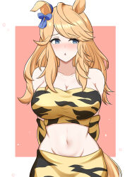 Rule 34 | 1girl, alternate costume, animal ears, arms behind back, arn7, bare shoulders, blonde hair, blue bow, blue eyes, bow, breasts, commentary request, gold city (umamusume), groin, highres, horse ears, large breasts, long hair, looking at viewer, midriff, navel, parted lips, skirt, skirt set, solo, stomach, strapless, tiger stripes, tube top, umamusume, upper body, yellow skirt