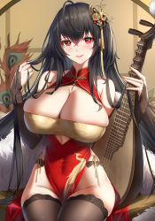 Rule 34 | 1girl, absurdres, ahoge, azur lane, bare shoulders, black hair, black thighhighs, blush, breasts, bridal gauntlets, china dress, chinese clothes, cleavage, cleavage cutout, closed mouth, clothing cutout, covered navel, crossed bangs, cutout above navel, dress, feather boa, hair ornament, heart, heart-shaped pupils, highres, holding, holding own hair, huge breasts, long hair, looking at viewer, official alternate costume, one side up, peacock feathers, pelvic curtain, pipa (instrument), red dress, red eyes, revision, sitting, smile, solo, symbol-shaped pupils, taihou (azur lane), taihou (phoenix&#039;s spring song) (azur lane), thighhighs, wu ganlan cai