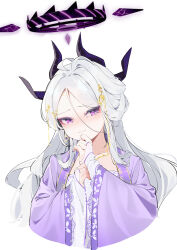 Rule 34 | 1girl, absurdres, ahoge, alternate costume, black horns, blue archive, blush, closed mouth, collarbone, demon horns, grey hair, hair ornament, halo, highres, hina (blue archive), horns, long hair, long sleeves, looking at viewer, multiple horns, painterliuhao, purple eyes, solo, upper body, wide sleeves