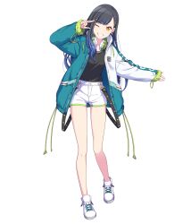 Rule 34 | 1girl, aqua jacket, black hair, black shirt, blue hair, earrings, full body, gradient hair, grin, hair ornament, hairclip, headphones, headphones around neck, highres, jacket, jewelry, long hair, looking at viewer, multicolored clothes, multicolored hair, multicolored jacket, non-web source, official art, one eye closed, orange eyes, project sekai, salute, shiraishi an, shirt, shoes, shorts, smile, sneakers, solo, tachi-e, transparent background, two-finger salute, white footwear, white jacket, white shorts