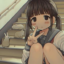 Rule 34 | 1girl, black eyes, black hair, blunt bangs, blush, commission, highres, long hair, looking at viewer, neckerchief, original, parted lips, rabbit, railing, red neckerchief, rnfhv, school uniform, skeb commission, solo, stairs, stairwell, twintails, v